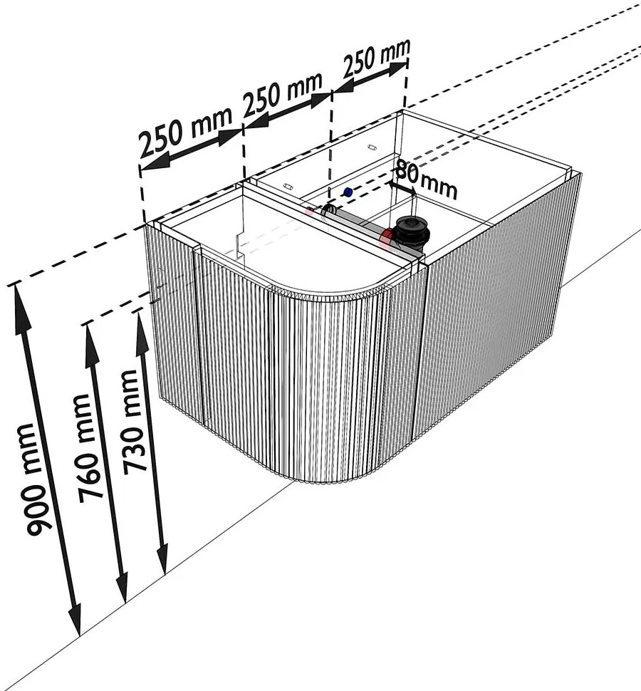 Mondiaz Kurve-dlux 75cm badmeubel ronding links ruby met 1 lade en deur en wastafel grunne kraangat rechts ostra