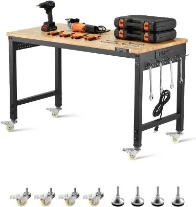 VEVOR Werkbank 1220x610x711-1003mm, 907 Draagvermogen, Werkbank met Stopcontact, Wielen en Pegboard, Robuuste Werktafel met Eikenhouten Blad voor Garage, Werkplaats, Kantoor en Thuis
