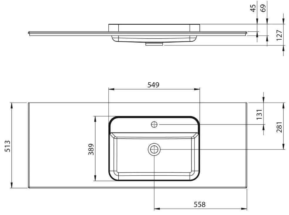 Sapho Brahea wastafel 130x50cm solid surface wit mat met brede rand en kraangat rechts