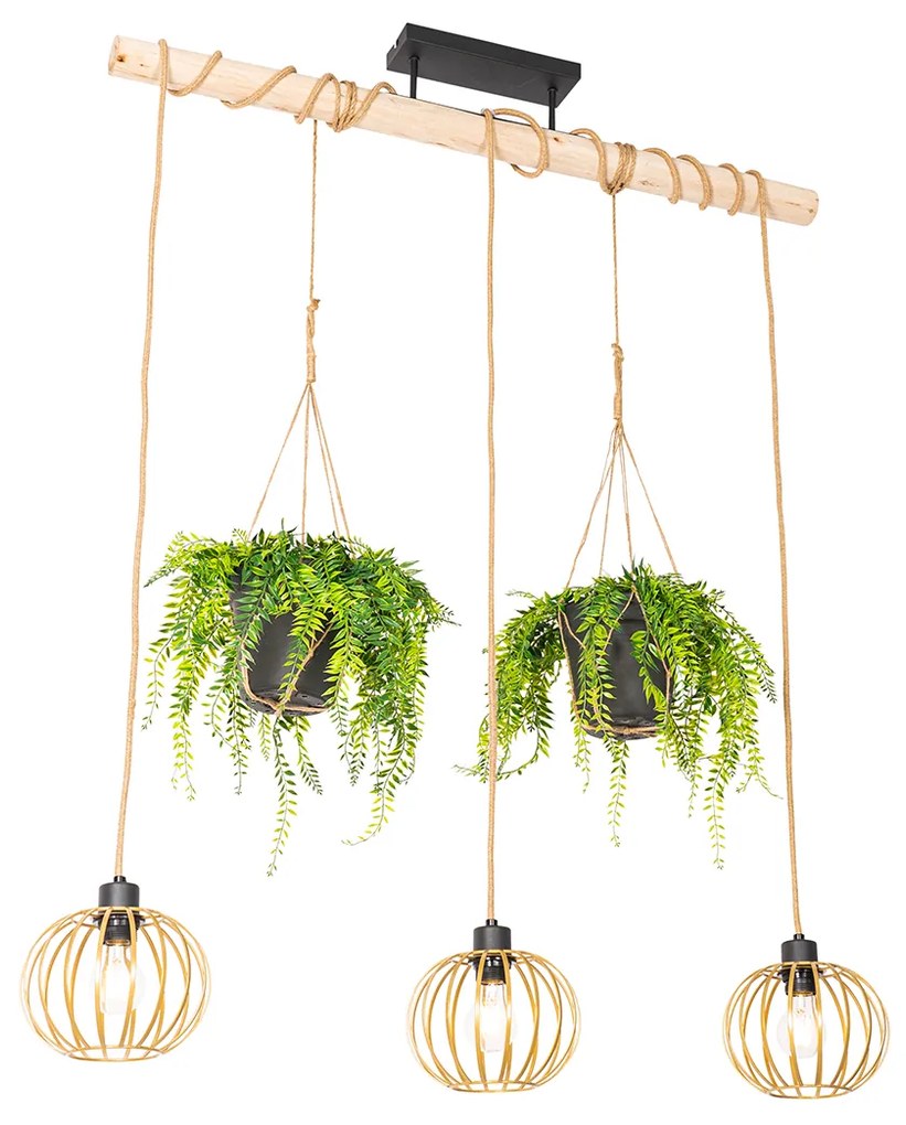 Landelijke hanglamp goud met hout 3-lichts - Yura