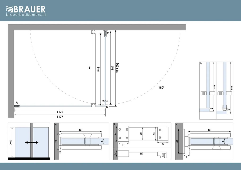 Brauer Void profielloze douchecabine 100x120cm koper geborsteld PVD