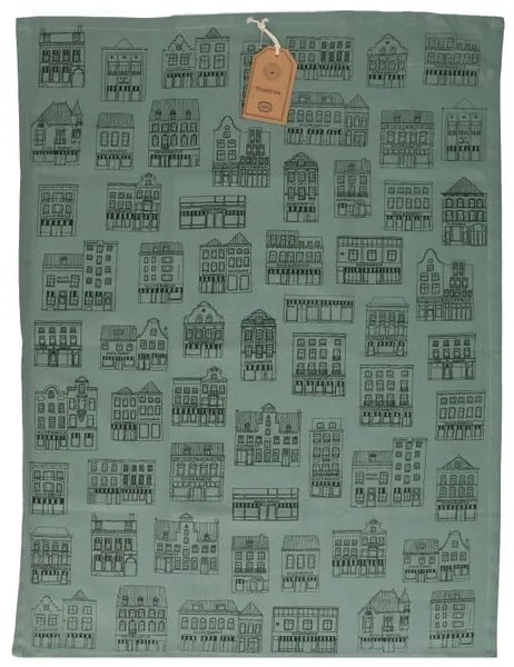Theedoek, bio-katoen, groengrijs met zwarte geveltjes, 50 x 70 cm