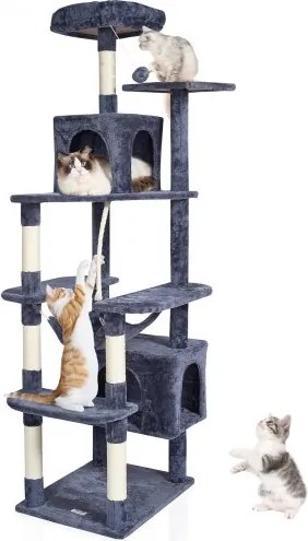 VEVOR Kattenboom voor Binnenkatten, 183 cm Grote Kattentoren met 2 Kattenhuizen, Sisal Krabpaal, Hangmat, Bovenzitstok, Springplatforms, Groot Meubel voor Katten, Activiteitencentrum met Hangende Bal, Donkergrijs