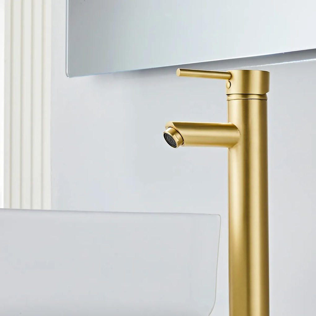 Saniclear Brass verhoogde wastafelkraan geborsteld messing mat goud
