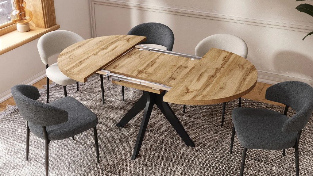 RENZO Wotan Eiken/zwarte poot - RONDE TAFEL Ø110 UITKLAPBAAR TOT 180 cm | VOOR DE KEUKEN EETKAMER WOONKAMER RETRO