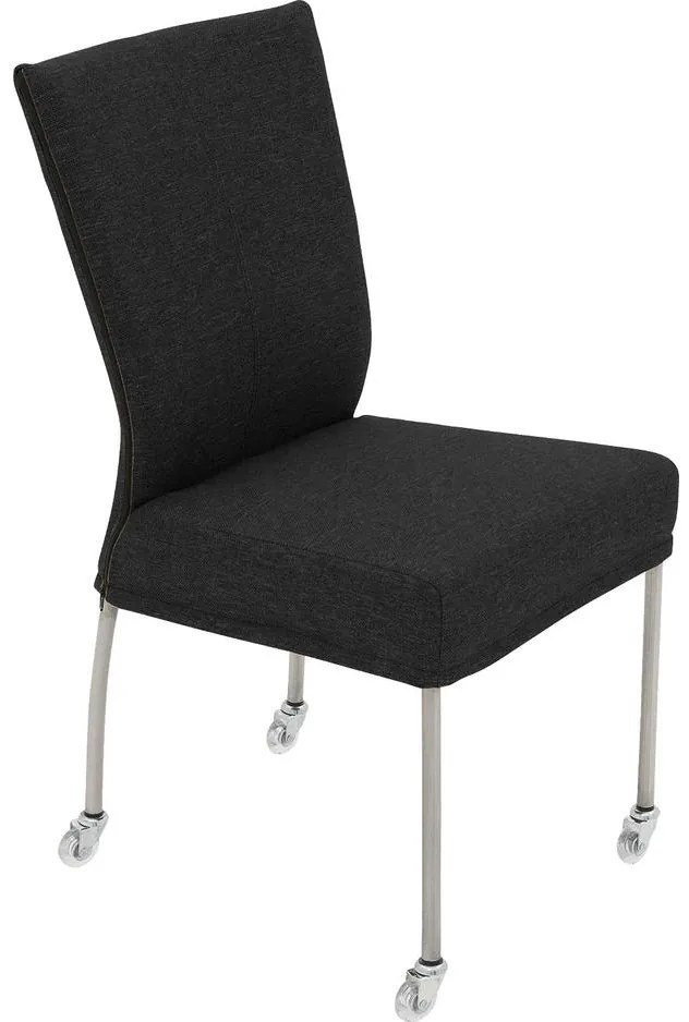 Goossens Eetkamerstoel Funk RVS Poten antraciet stof leuning en Transparant skater wiel met rvs kapmet wielen, modern design