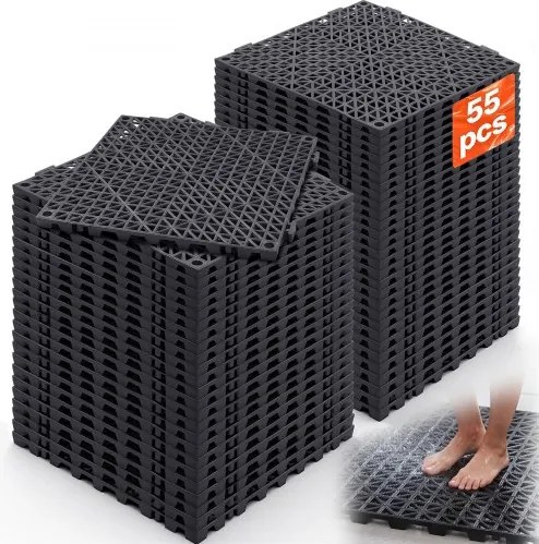 VEVOR in elkaar grijpende tegels 55 stuks. Vloertegels met drainage, 30 x 30 cm. Vierkante vloertegels voor buiten, terras, PVC-vloertegels, badkamer, toilet, zwart.