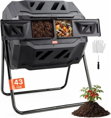 VEVOR Tumbling Composter Bin Composter Tumbler 162,7 L, Drum Composter Draaibare Tumbling Composter met dubbele kamer 735 x 625 x 955 mm, 50 kg Dragende tuincompostcontainer inclusief handschoenen