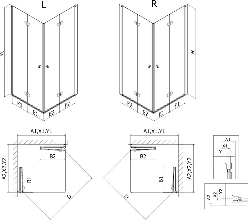 Mexen Mist-F Duo opvouwbare douchecabine 90 x 90 cm, transparant, goud geborsteld - 8A6-090L-090P-55-00