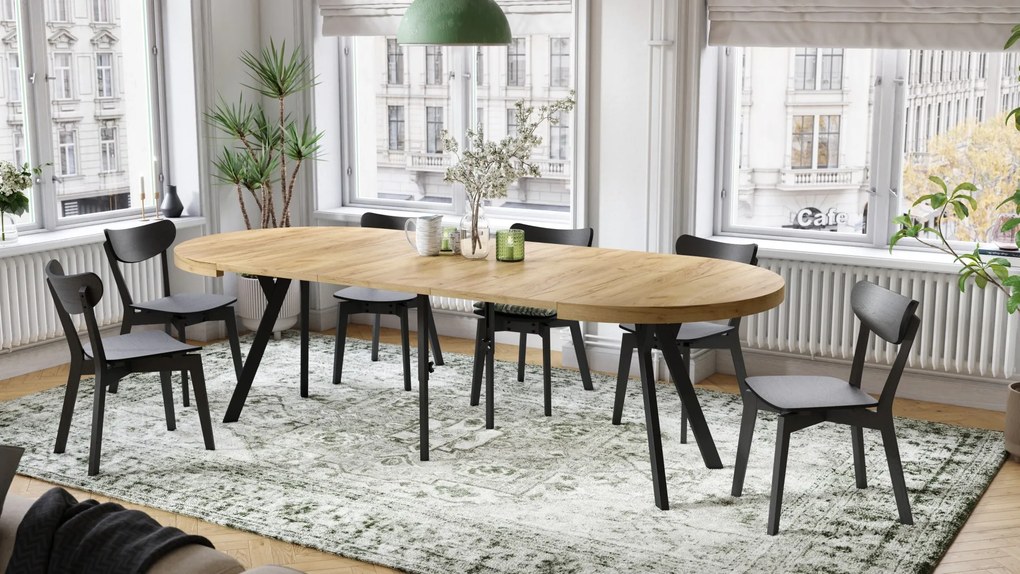 EXPANSO Eik Craft Złoty/zwarte poten - GROTE RONDE TAFEL Ø110 UITBREIDBAAR TOT 310 cm met Y-POTEN LOFT/INDUSTRIAL