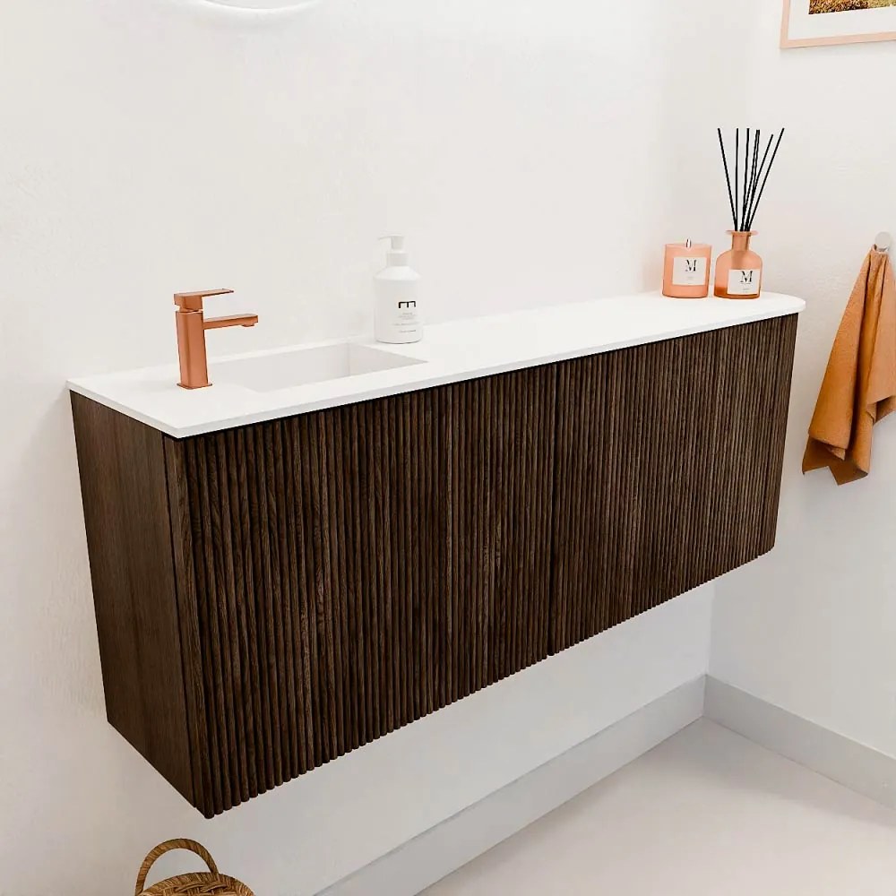 Mondiaz Joya 110cm toiletmeubel ronding rechts walnut met wastafel faye links 1 kraangat talc