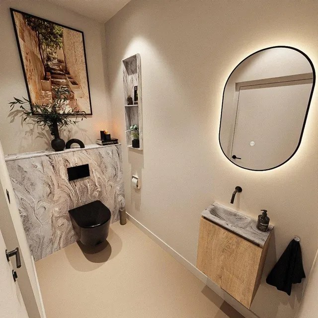 MONDIAZ TURE-DLUX 40cm toiletmeubel Washed Oak. EDEN wastafel Glace positie links. Zonder kraangat. TUREDX40WASL0GLA