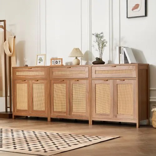 VEVOR Rotan kast Rotan ladekast 3-delige opbergkast met 6 magnetische deuren, dressoirkast met verstelbare planken, ideaal voor hal, entree, woonkamer of keuken