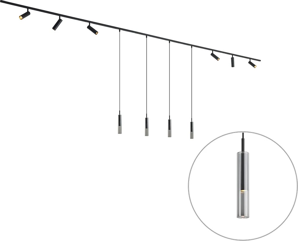 Modern railsysteem zwart met 6 spots en 4 hanglampen 1-fase - Slimline Uzzy Loyce