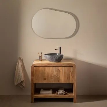 Vacry Houten Badkamermeubelset Acacia Bruin & Ovaal Led En Anticondens 100x80 Cm Riben & ↔︎ 90 Cm & Mat Zwart ↑30 Cm Met Aftapkraan Zond - Sklum