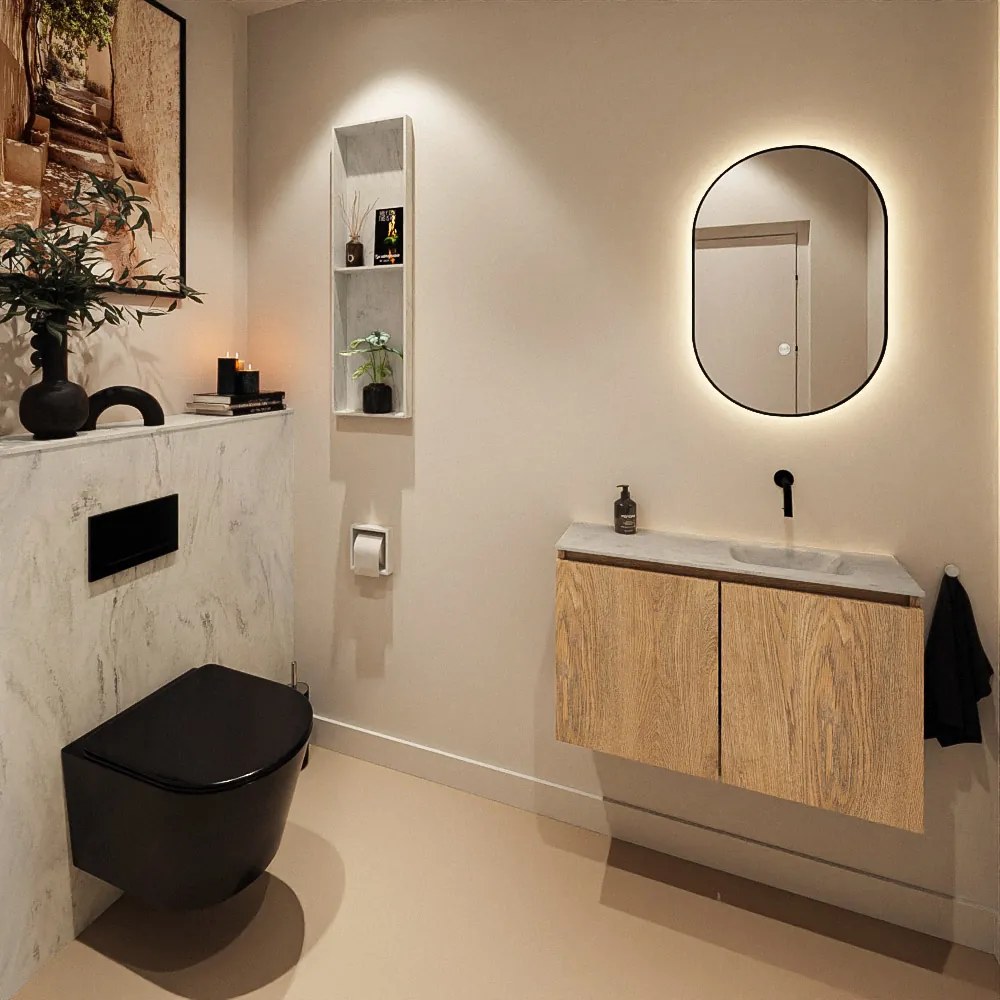 Mondiaz Ture DLux toiletmeubel 80cm washed oak met wastafel opalo rechts zonder kraangat