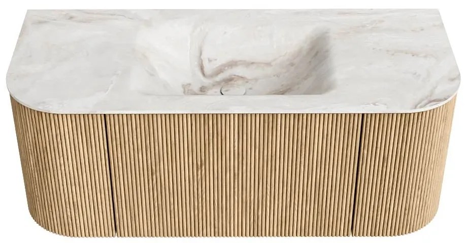 Mondiaz Kurve-dlux 110cm badmeubel ronding links/rechts oak met 1 lade en 2 deuren en wastafel cloud midden zonder kraangat frappe