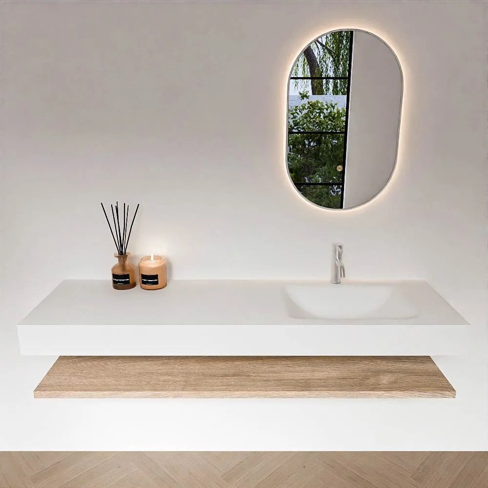 Zaro Alan badmeubel 160cm met planchet washed oak en vrijhangende wastafel cloud rechts 1 kraangat talc