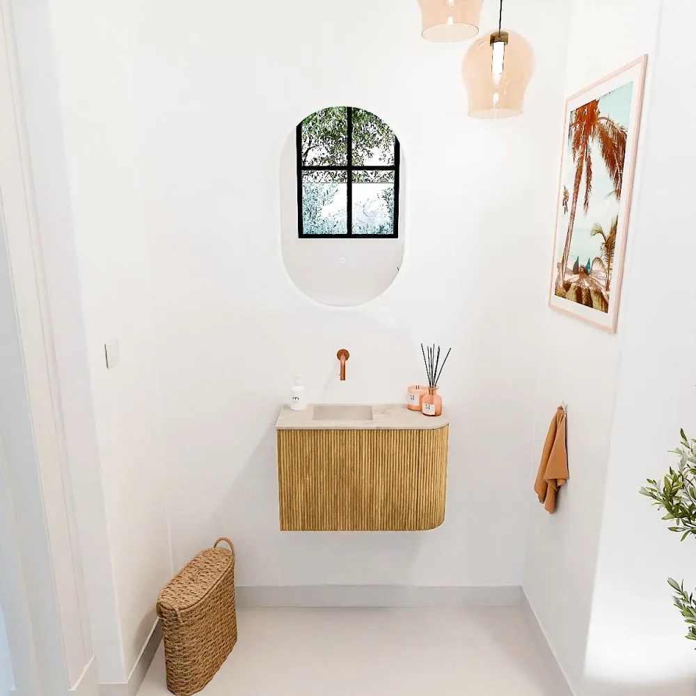 Mondiaz Joya DLux 60cm toiletmeubel ronding rechts oak met wastafel faye links zonder kraangat frappe