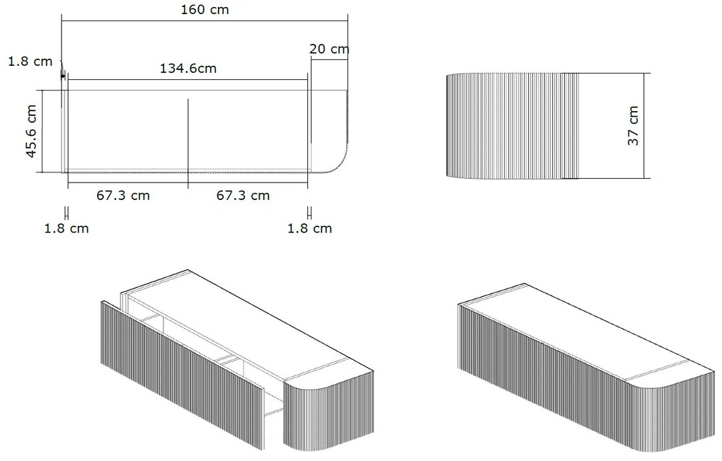 Gliss Design Alluro badmeubel ribbelfront met ronding links 160cm mist en zwart leisteen toppaneel