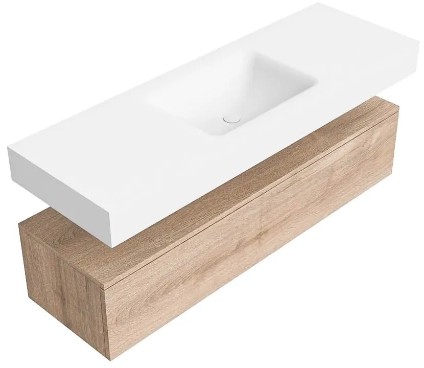 Zaro Alan badmeubel 140cm washed oak 1 lade met vrijhangende wastafel cloud midden 1 kraangat talc