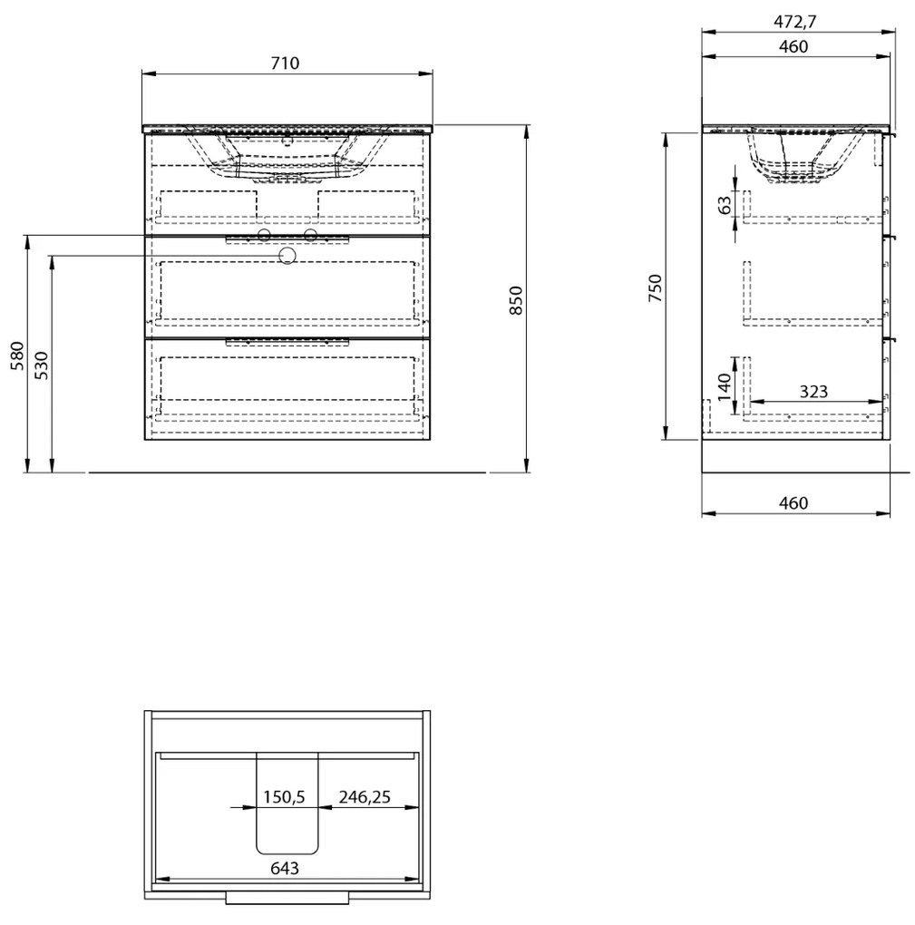 Sapho Cirasa badmeubel 70cm met 3 lades eiken met witte wastafel