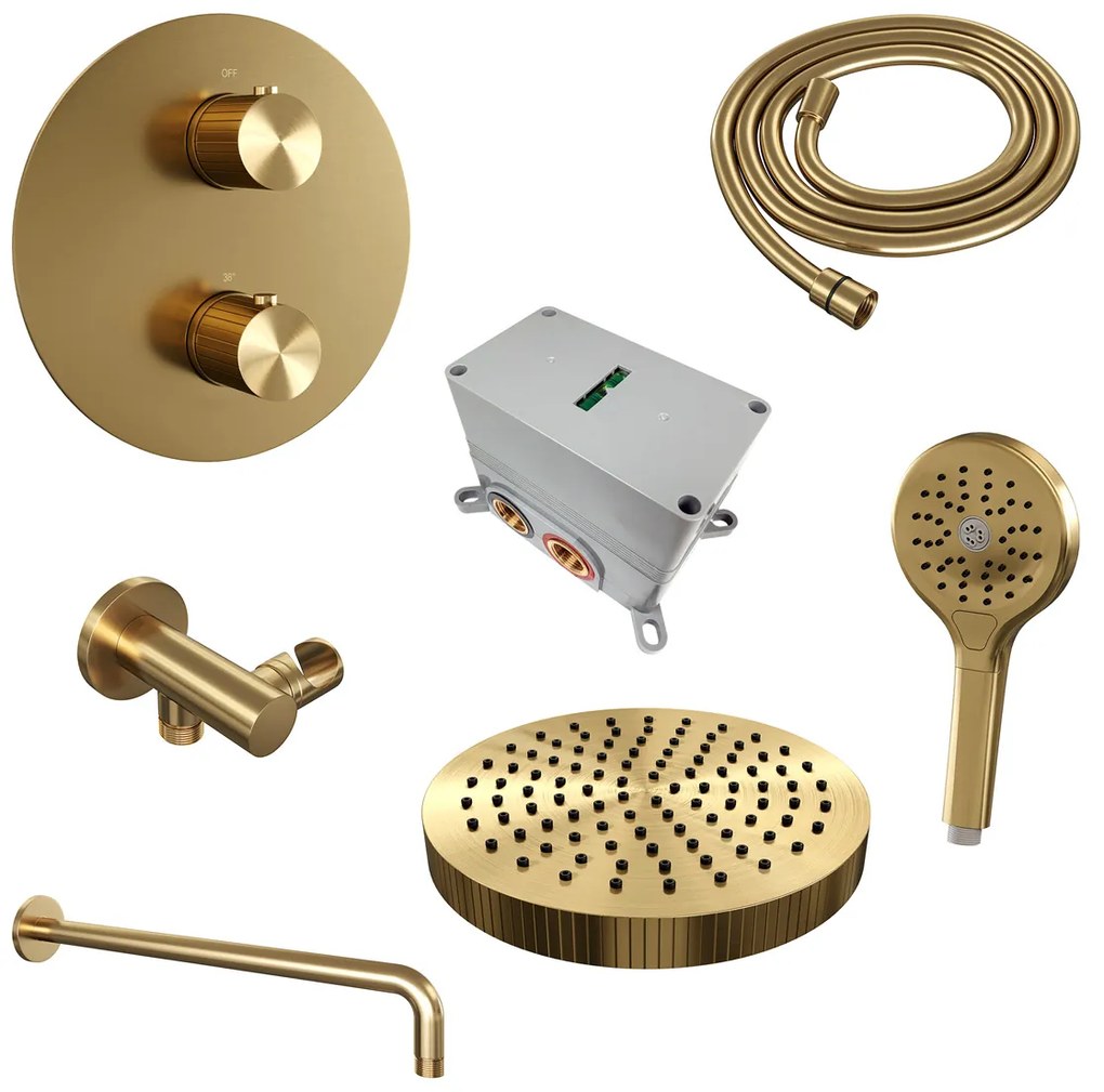 Brauer Stripe inbouw regendouche rond met 25cm hoofddouche, gebogen muurarm en 3 standen handdouche set 41 messing geborsteld PVD