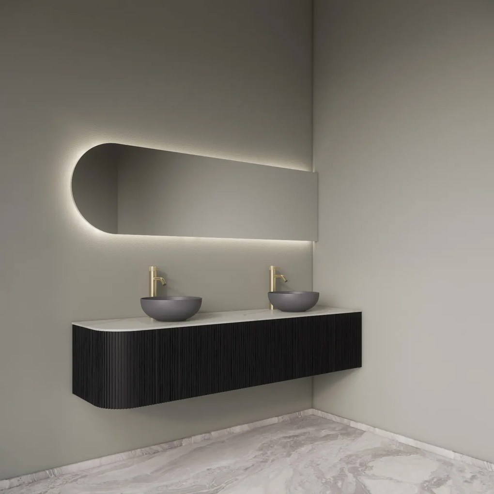 Gliss Design Alluro badmeubel ribbelfront met ronding links 180cm black en wit marmer toppaneel