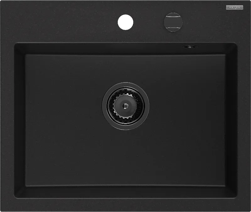 Mexen Oscar granieten spoelbak 1-bak 580 x 490 mm, zwart, zwarte sifon - 6519581000-77-B