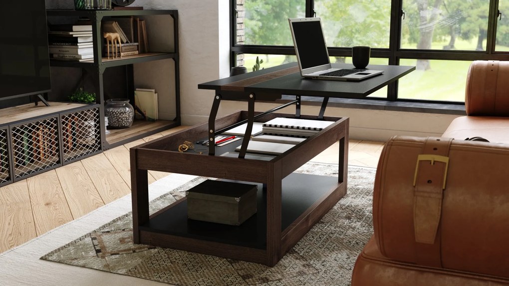 LUSSO Zwart mat/Bruine Eik - MODERNE SALONTAFEL MET VERHOOGD BLAD + OPBERGRUIMTE + SCHAP (OP WIELEN!)