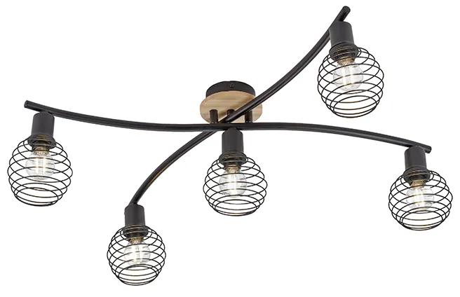 Design plafondSpot / Opbouwspot / Plafondspot zwart met hout 5-lichts - Winsten Industriele / Industrie / Industrial E14 Binnenverlichting Lamp