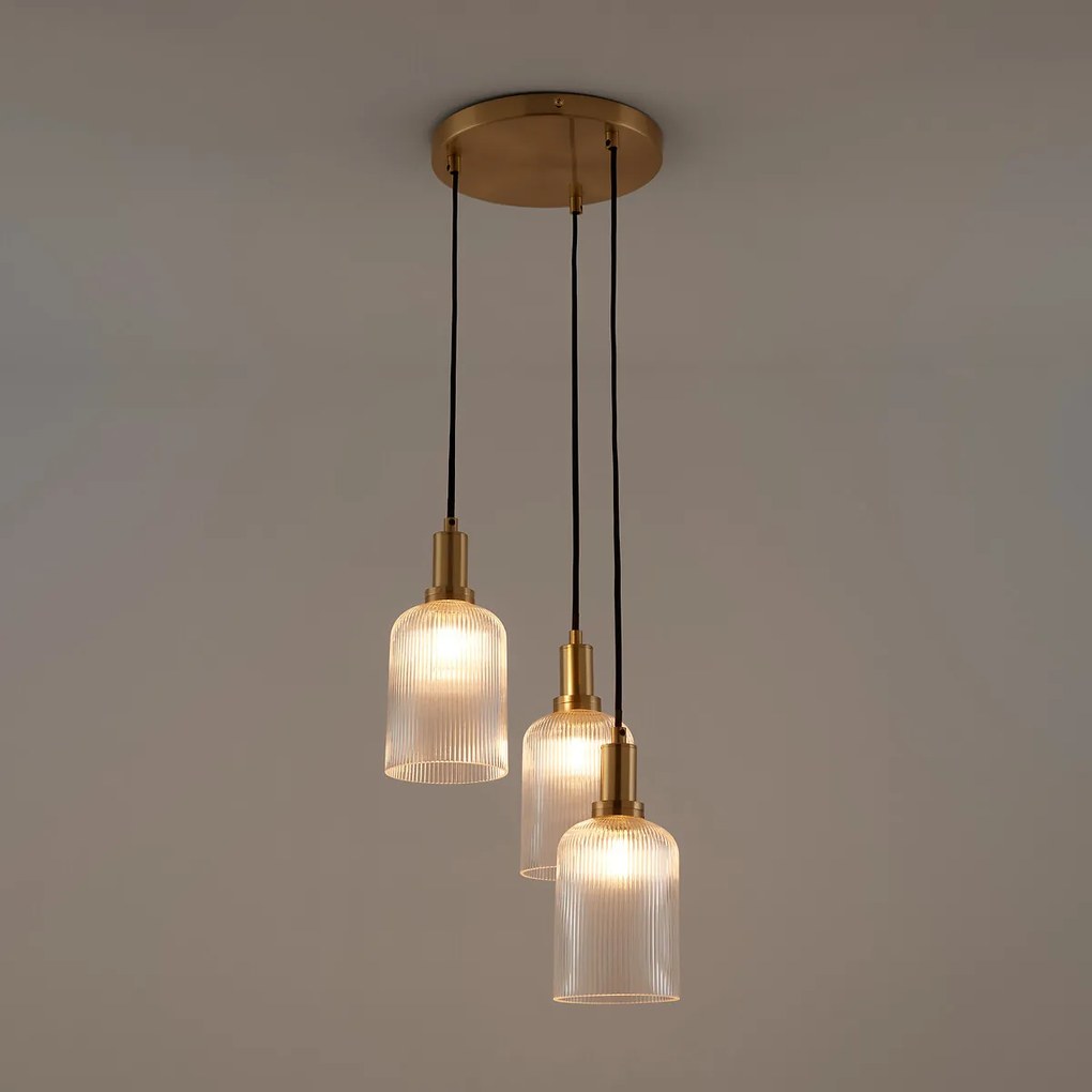 Hanglamp in messing en geribbeld glas, Bogota