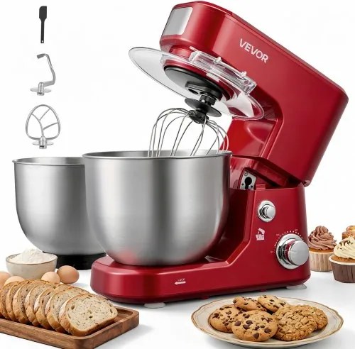 VEVOR elektrische kneedmachine 5 + 4 L 1000 W voor deeg, koekjesdeeg en crème, met 2 stapelbare SUS304 kommen, kantelbare kop, spatbescherming, antislipvoetjes en accessoireset.