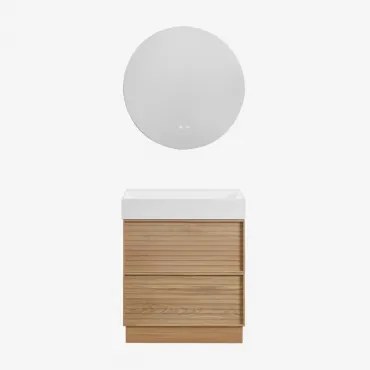 Jolene Houten Badkamermeubelset Met Geïntegreerde Wastafel Natuurlijk Hout & Round Led And Antifog Ø70 Cm Riben & Zonder Kraan - Sklum