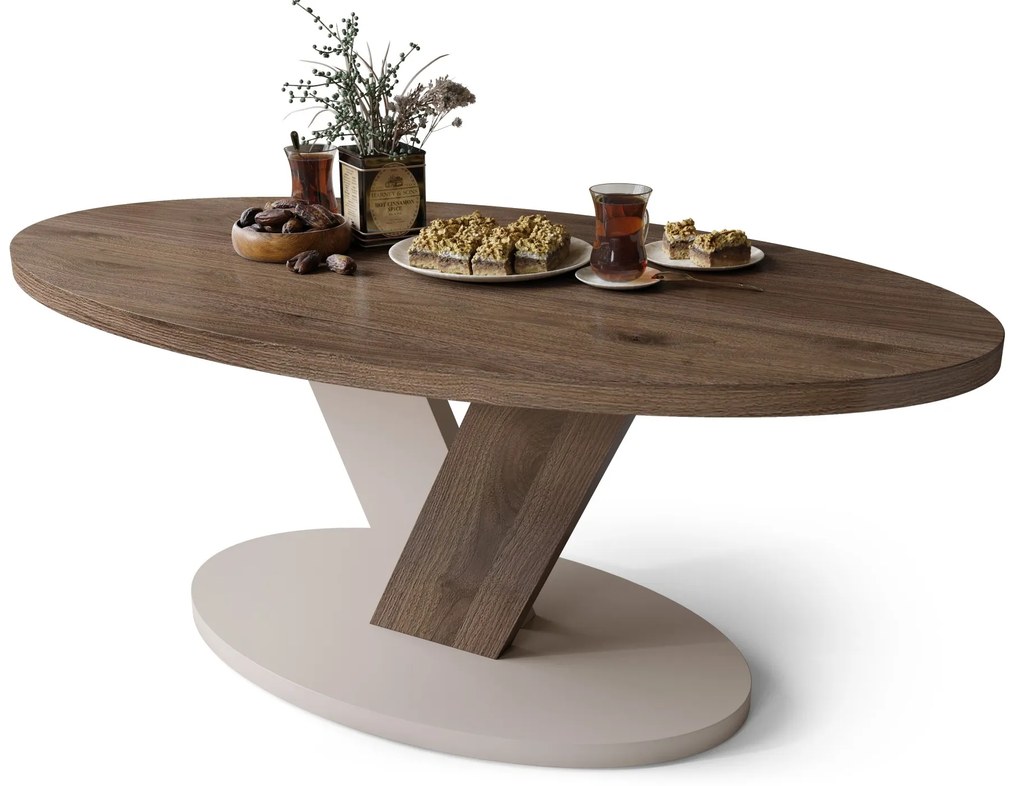 LOVA Noten Elegant/Beige Taupe - OVALE SALONTAFEL 110x60 cm MODERNE KOFFIETAFEL