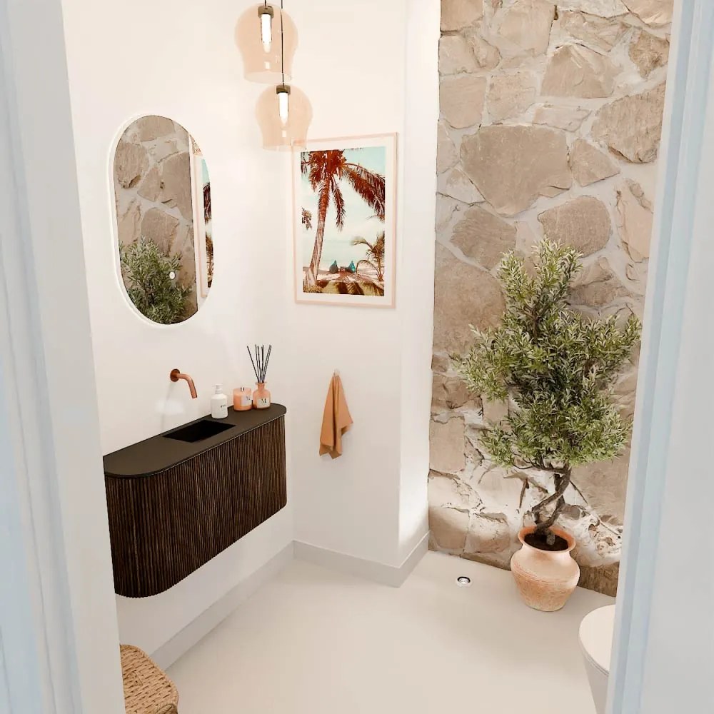 Mondiaz Joya 85cm toiletmeubel ronding links/rechts walnut met wastafel faye midden zonder kraangat urban