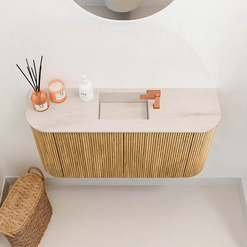 Mondiaz Joya DLux 85cm toiletmeubel ronding links/rechts oak met wastafel faye midden 1 kraangat meli