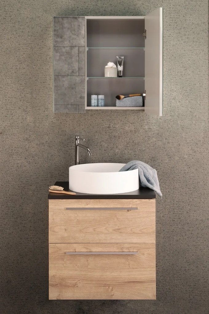 Differnz Fit badmeubel 60cm eiken licht met toppaneel zwart mat en spiegelkast