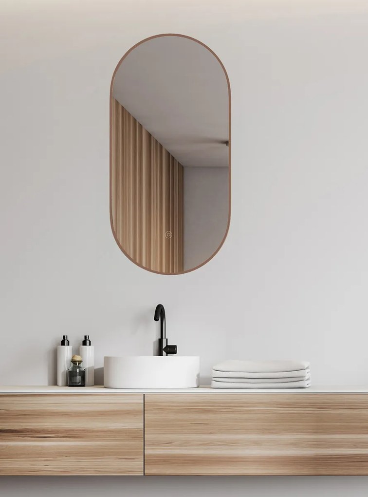 Mueller Ovalis ovale spiegel met dimbare LED verlichting en spiegelverwarming 50x100cm geborsteld brons