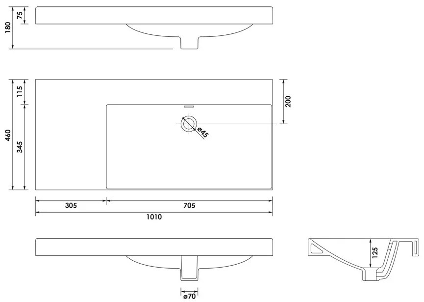 Brauer Aurora wastafel keramiek 100cm rechts zonder kraangat wit glans