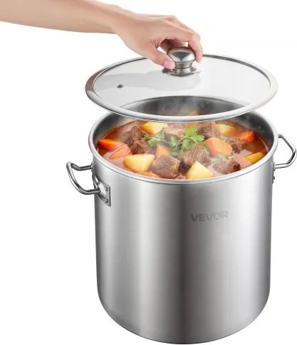 VEVOR roestvrijstalen soeppan 19,9 liter, grote soeppan met glazen deksel, geschikt voor inductiekookplaten, hoogwaardige pastapan, PFOA-vrij, PFAS-vrij, voor gas- en elektrische kookplaten, ideaal voor stoofschotels, pasta en grote porties voor het hele