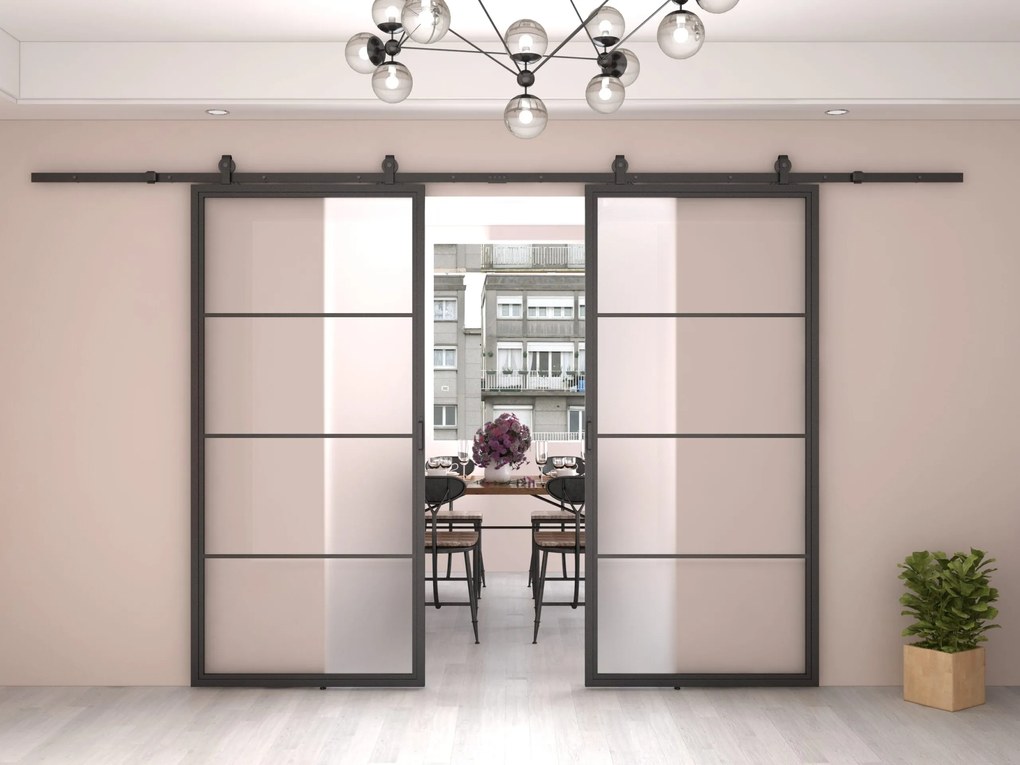 Dubbele Stalen Schuifdeur Smartline 4-vaks Mat Glas - Zwart - Incl. Rails