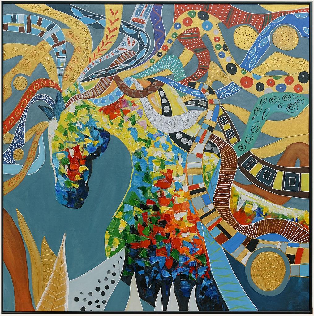 Fine Asianliving Olieverf Schilderij 100% Handgeschilderd 3D met Reliëf Effect en Zwarte Omlijsting 100x100cm Paard Multicolour