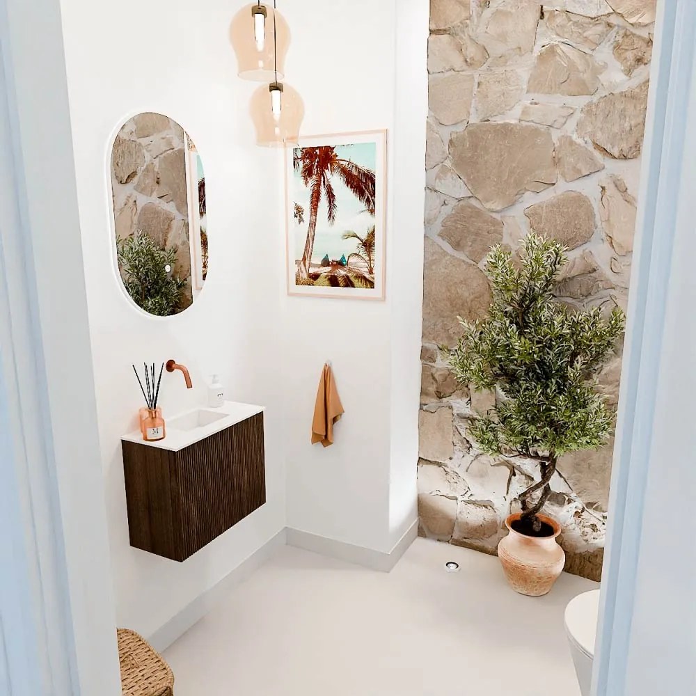Mondiaz Joya 50cm toiletmeubel walnut met wastafel faye midden zonder kraangat talc