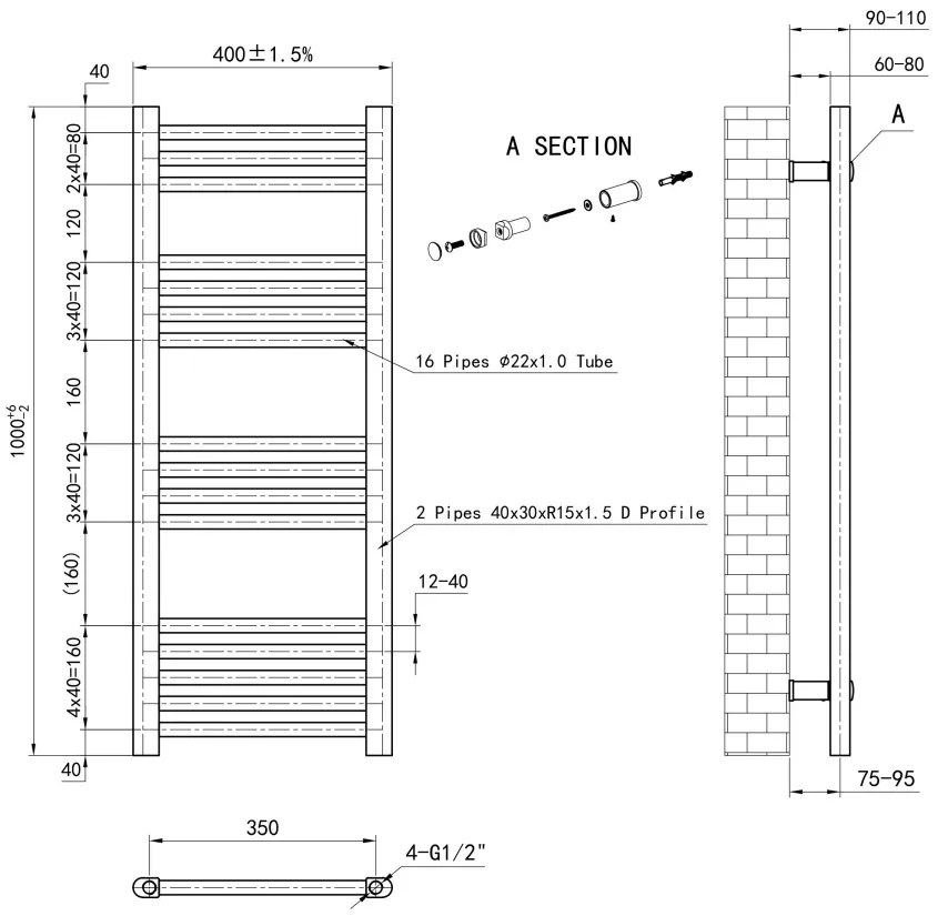 Eastbrook Wendover handdoekradiator 40x100cm 308W messing geborsteld