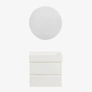 Ona Zwevend Badkamermeubelset Van Hout En Essenfineer Met Geïntegreerde Wastafel Wit & Round Led And Antifog Ø70 Cm Riben & Zonder - Sklum