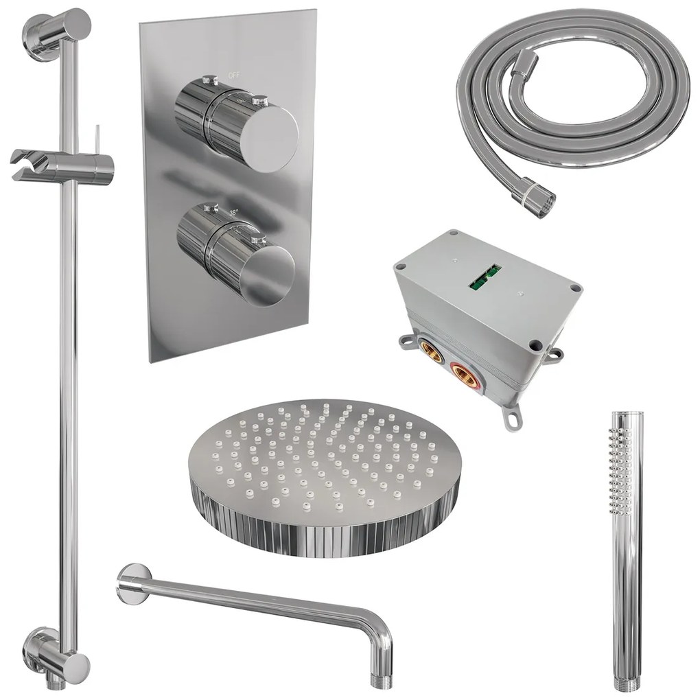 Brauer Stripe inbouw regendouche met 25cm hoofddouche, met gebogen muurarm, glijstang en staafhanddouche set 20 chroom