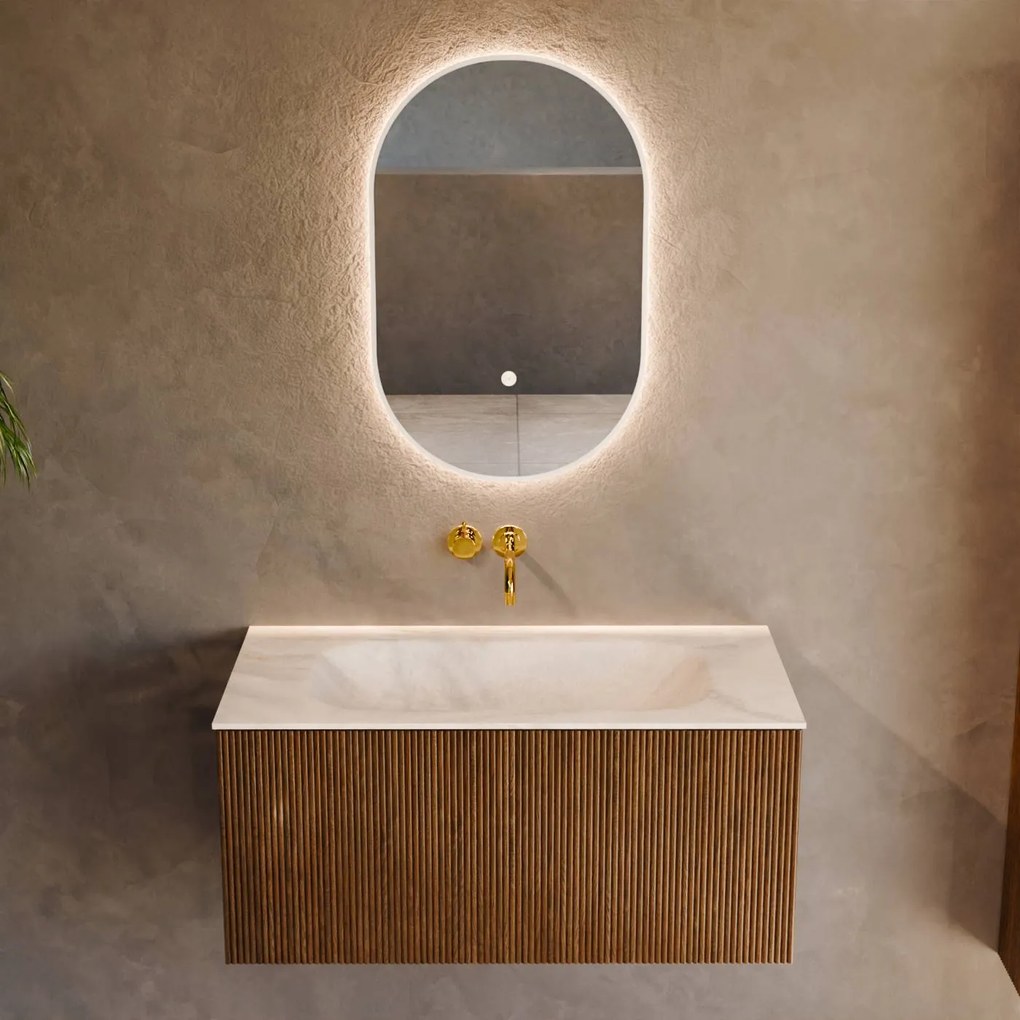 Mondiaz Kurve-dlux 90cm badmeubel dusk met 1 lade en wastafel big small midden zonder kraangat ostra