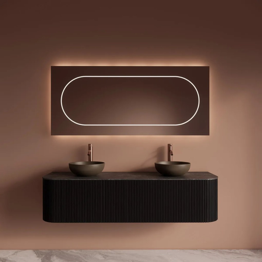 Gliss Design Alluro badmeubel ribbelfront met ronding links/rechts 160cm black en zwart leisteen toppaneel