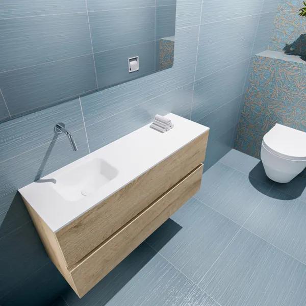 MONDIAZ ADA Toiletmeubel 100x30x50cm met 0 kraangaten 2 lades washed oak mat Wastafel Lex links Solid Surface Wit FK75341990